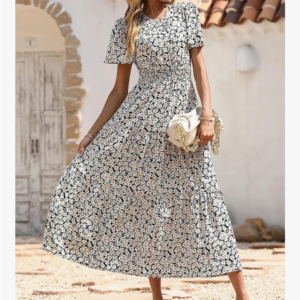 Classic Gray and White Floral Maxi Sundress with Flutter Cap Sleeves